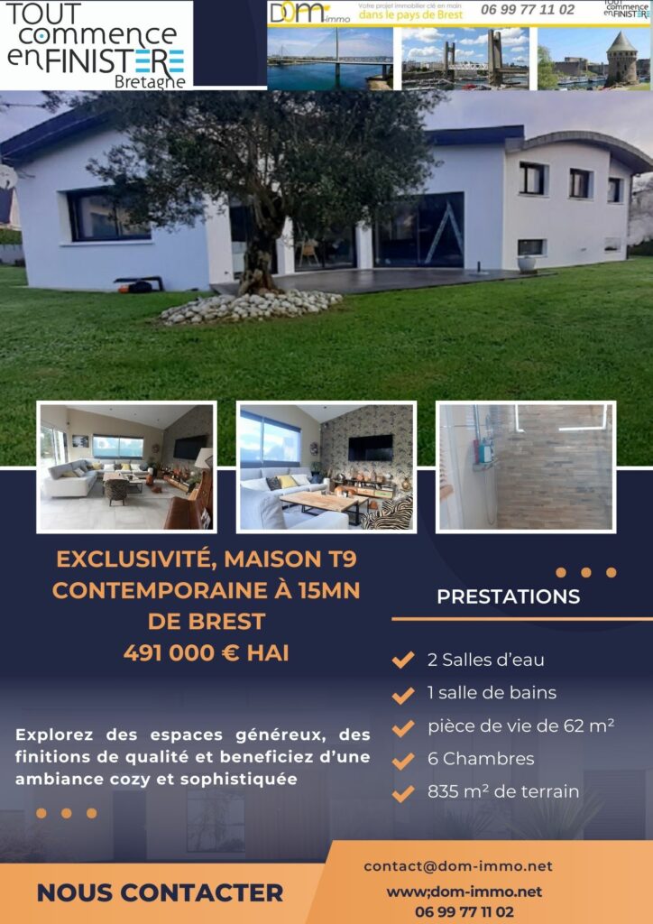 maison contemporaine 9 pièces, 6 chambres, 15 minutes de brest