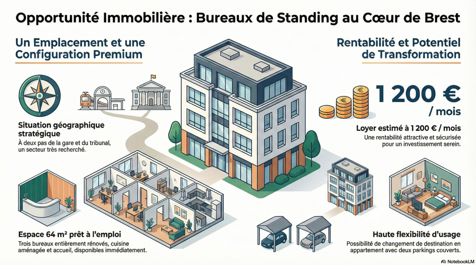 Brest triangle d'or loacaux de bureaux proche gare et tribunal, 3 bureaux, acces pmr